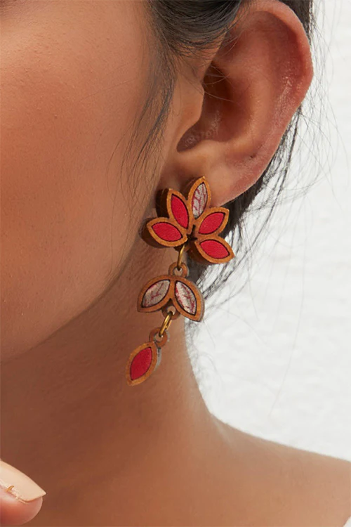 WHE Bloom Leaf Motif Repurposed Fabric and Wood Red Grey Earring - Image 2