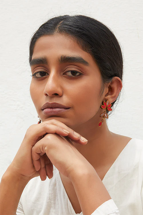 WHE Bloom Leaf Motif Repurposed Fabric and Wood Red Grey Earring - Image 3