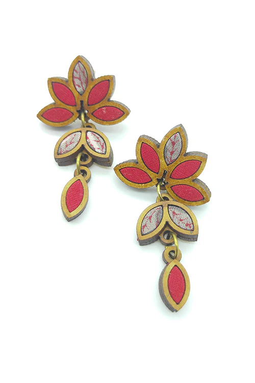 WHE Bloom Leaf Motif Repurposed Fabric and Wood Red Grey Earring - Image 4