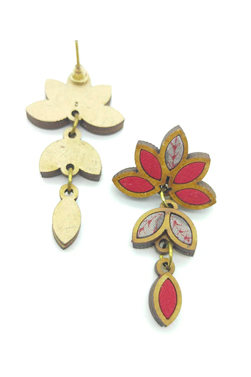 WHE Bloom Leaf Motif Repurposed Fabric and Wood Red Grey Earring - Image 5