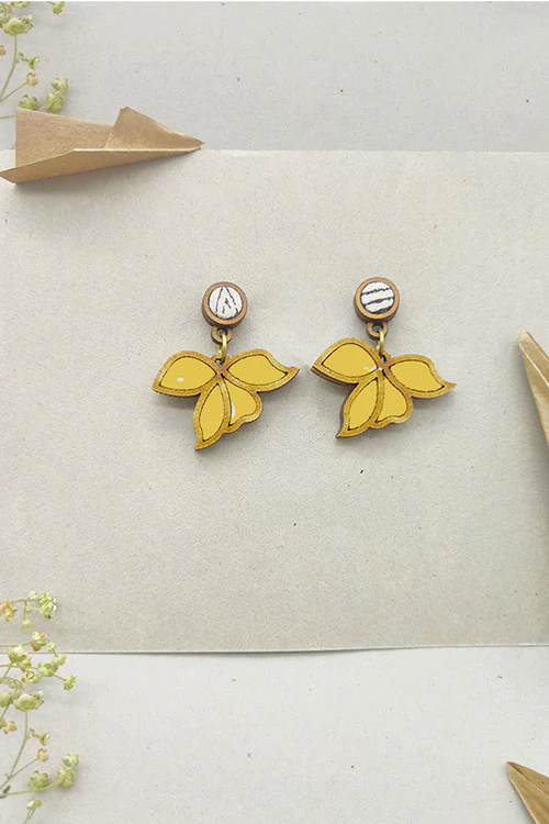 WHE Bloom Leaf Motif Repurposed Fabric and Wood Yellow Earring - Image 2