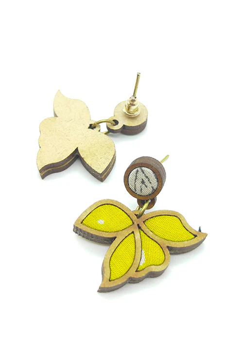 WHE Bloom Leaf Motif Repurposed Fabric and Wood Yellow Earring - Image 3