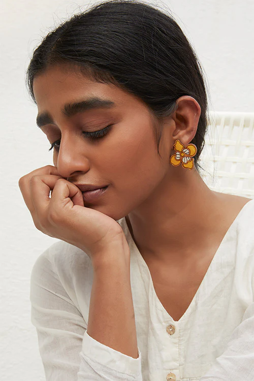 WHE Bloom Leaf Motif Repurposed Fabric and Wood Yellow Stud - Image 3