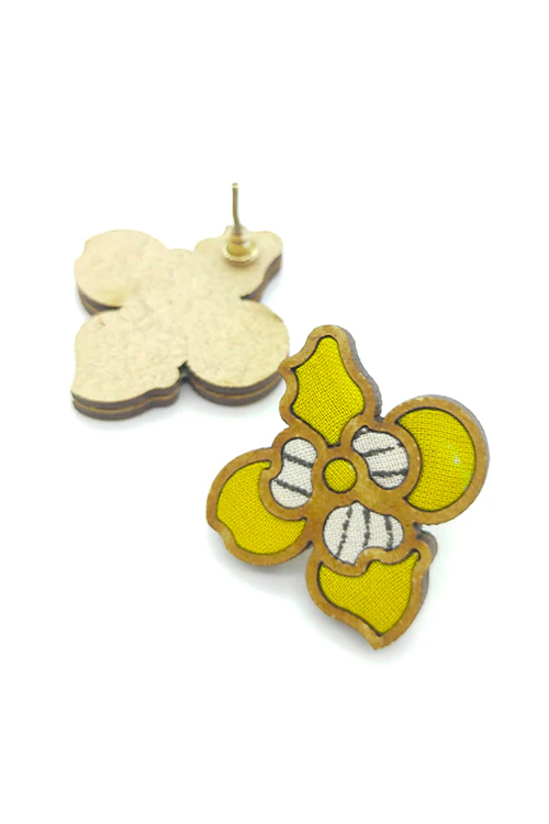 WHE Bloom Leaf Motif Repurposed Fabric and Wood Yellow Stud - Image 5