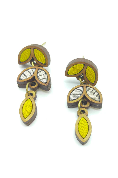 WHE Bloom Leaf Motif Repurposed Fabric and Wood Yellow White Dangler - Image 4