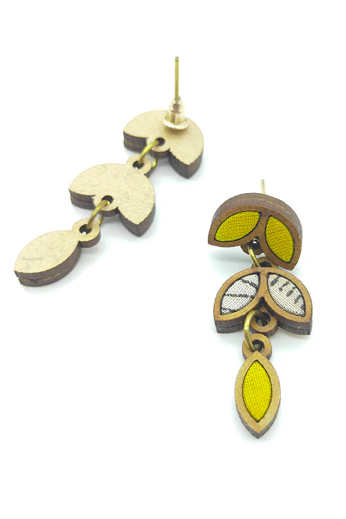 WHE Bloom Leaf Motif Repurposed Fabric and Wood Yellow White Dangler - Image 5