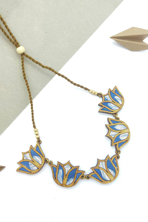 WHE Bloom Lotus Repurposed Fabric and Wood Indigo Necklace - Image 3