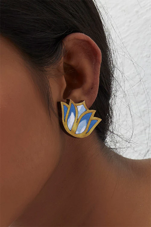 WHE Bloom Lotus Repurposed Fabric and Wood Indigo Stud - Image 3