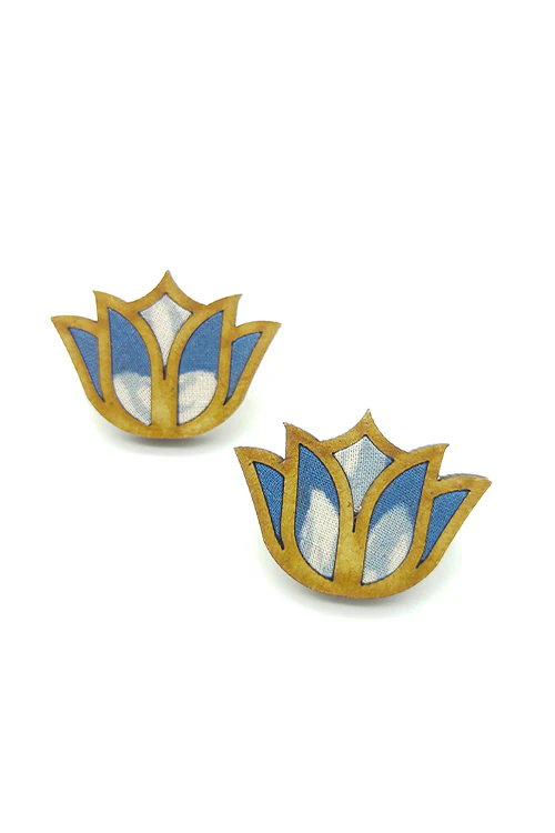 WHE Bloom Lotus Repurposed Fabric and Wood Indigo Stud - Image 4