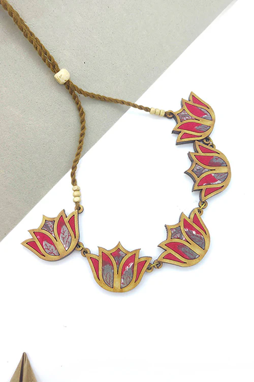 WHE Bloom Lotus Repurposed Fabric and Wood Red Necklace - Image 3