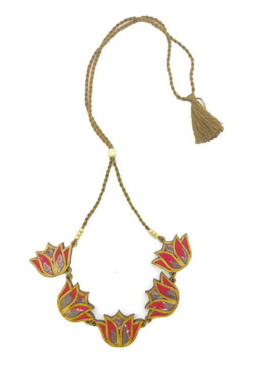 WHE Bloom Lotus Repurposed Fabric and Wood Red Necklace - Image 4