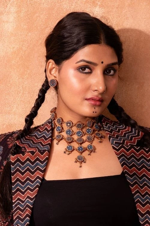 Whe Blue Ajrakh Upcycled Fabric And Repurposed Wood Adjustable Statement Necklace - Image 3