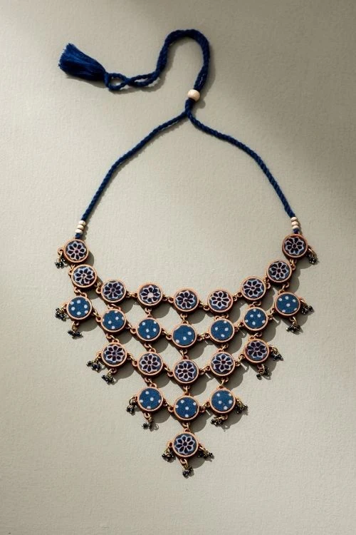 Whe Blue Ajrakh Upcycled Fabric And Repurposed Wood Adjustable Statement Necklace - Image 4
