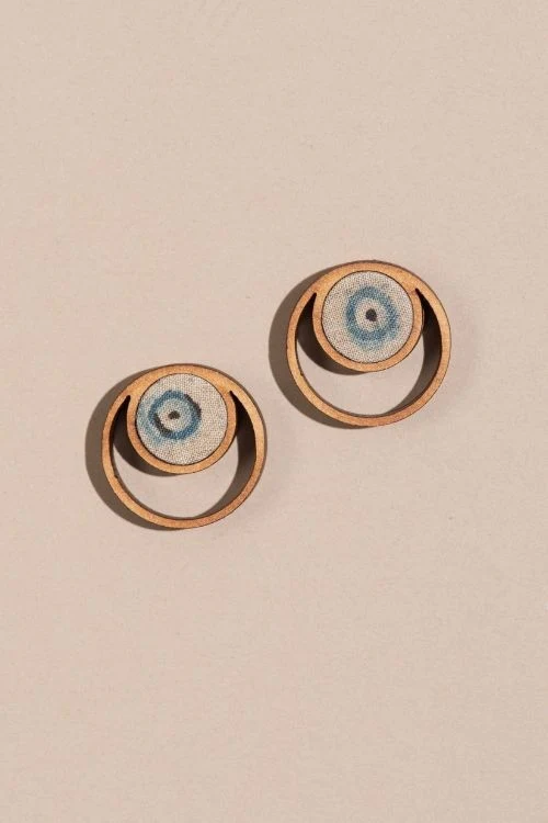 Whe Blue Beige Ajrakh Fabric And Repurposed Wood Stud Earrings