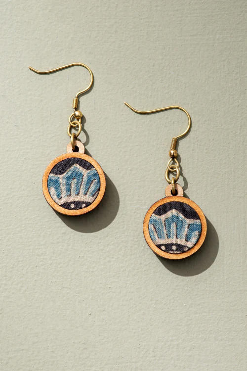 Whe Blue Black Ajrakh Fabric And Repurposed Wood Earrings
