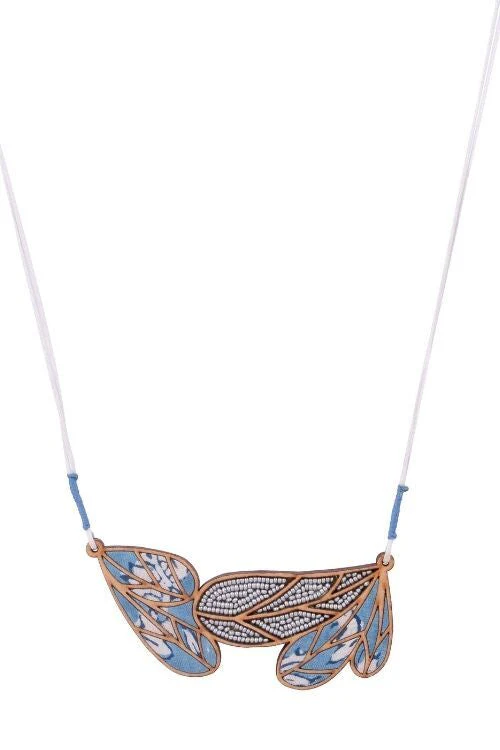 WHE Blue Bloom Leaf Motif Repurposed Fabric And Wood Necklace - Image 10