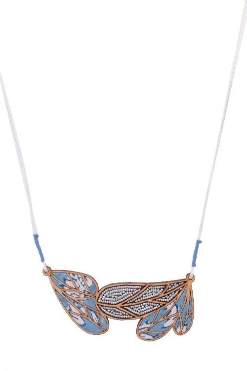WHE Blue Bloom Leaf Motif Repurposed Fabric And Wood Necklace - Image 5