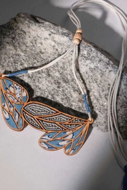 WHE Blue Bloom Leaf Motif Repurposed Fabric And Wood Necklace - Image 7