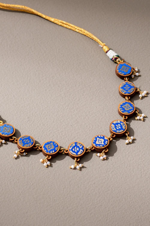 Whe Blue Brocade Festive Repurposed Fabric & Wood Adjustable Necklace
