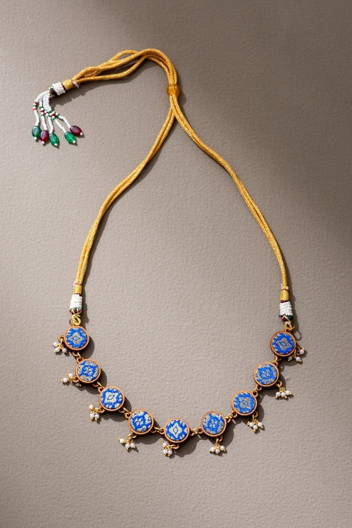 Whe Blue Brocade Festive Repurposed Fabric & Wood Adjustable Necklace - Image 2