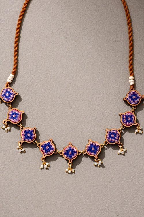 Whe Blue Brocade Festive Repurposed Fabric & Wood Adjustable Necklace - Image 3