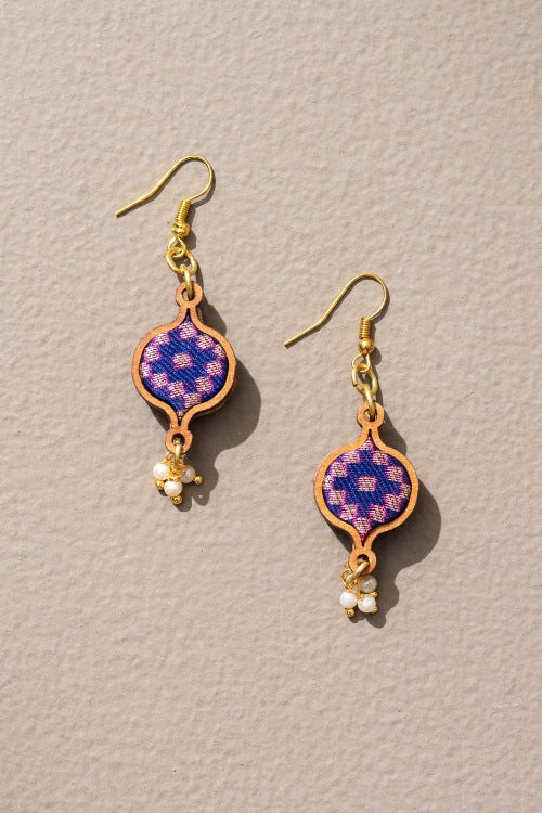 Whe Blue Brocade Festive Repurposed Fabric & Wood Earrings