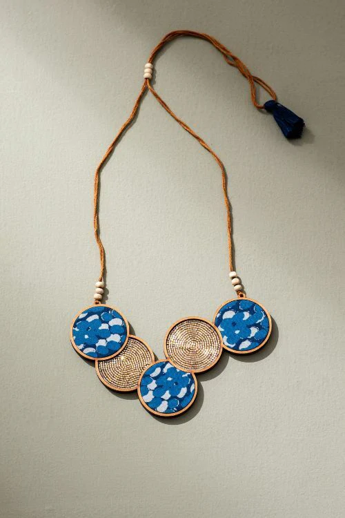 Whe Blue Connected Circle Upcycled Fabric And Repurposed Wood Necklace - Image 3