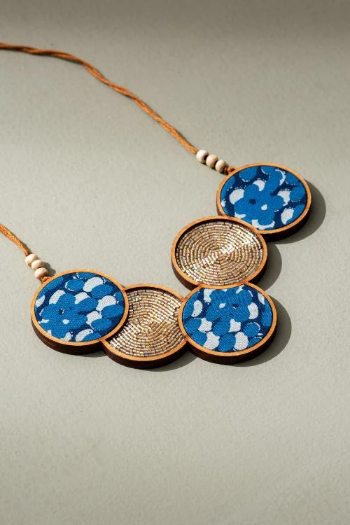 Whe Blue Connected Circle Upcycled Fabric And Repurposed Wood Necklace - Image 4