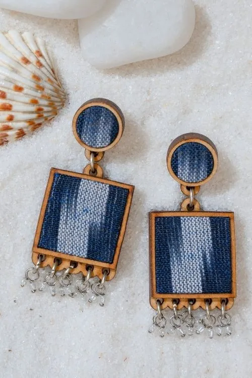 WHE Blue Ikat Fabric And Repurposed Wood Square Danglers - Image 2
