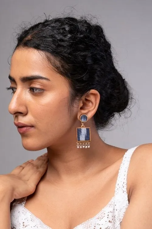 WHE Blue Ikat Fabric And Repurposed Wood Square Danglers - Image 3