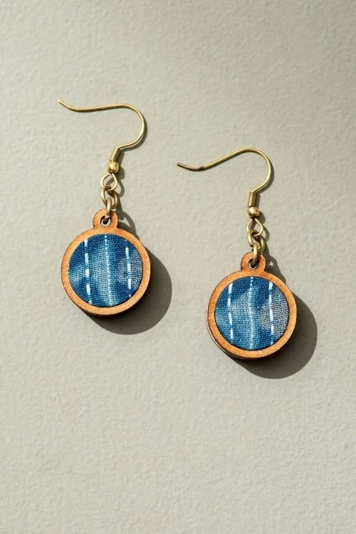 Whe Blue Kantha Batik Fabric And Repurposed Wood Earrings