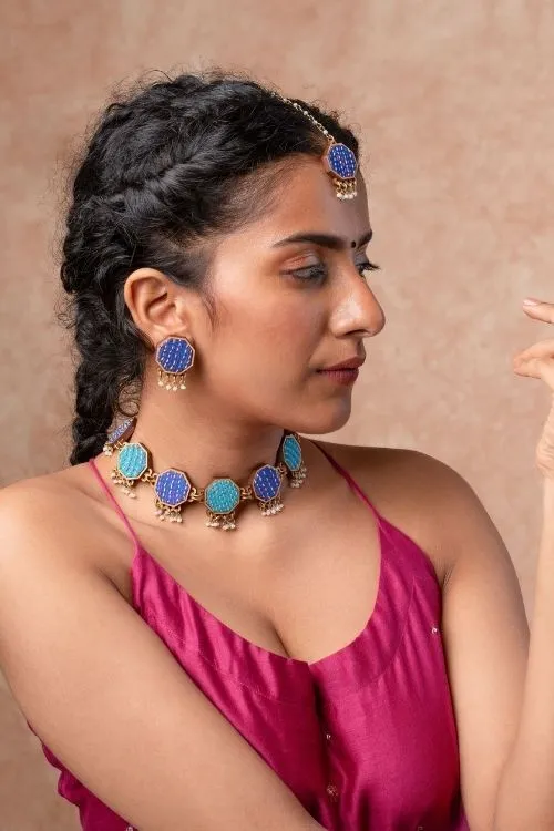 WHE Blue Kantha Repurposed Silk Fabric And Wood Studs - Image 2