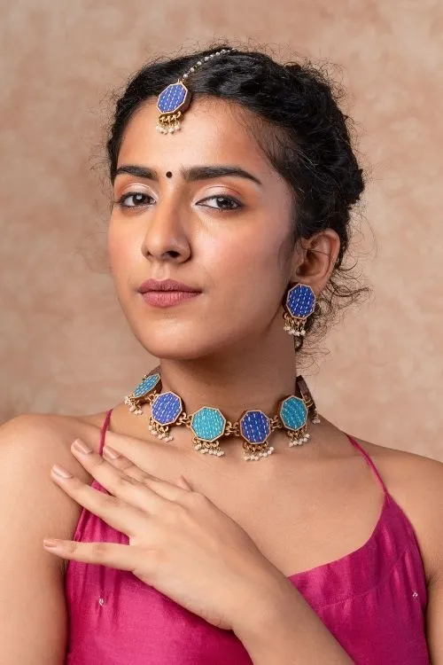 WHE Blue Kantha Repurposed Silk Fabric And Wood Studs - Image 3