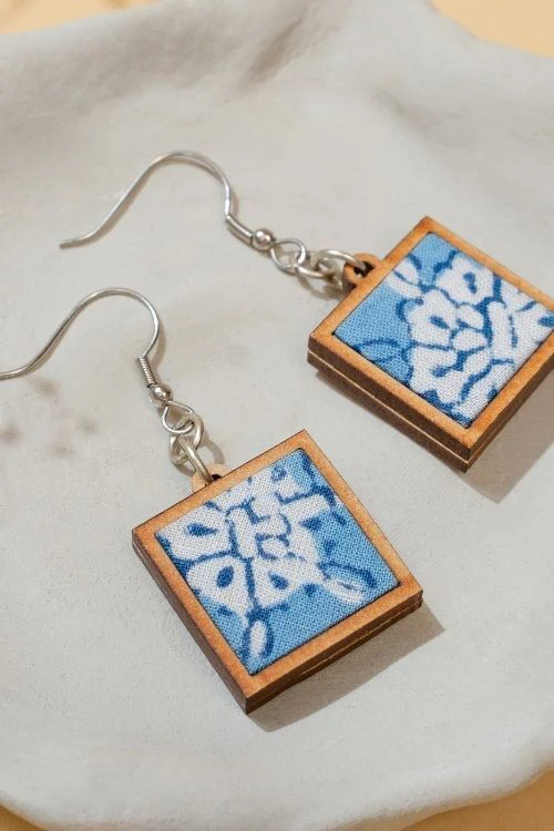 WHE Blue Repurposed Fabric And Wood Square Earrings - Image 2