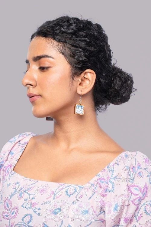 WHE Blue Repurposed Fabric And Wood Square Earrings - Image 7