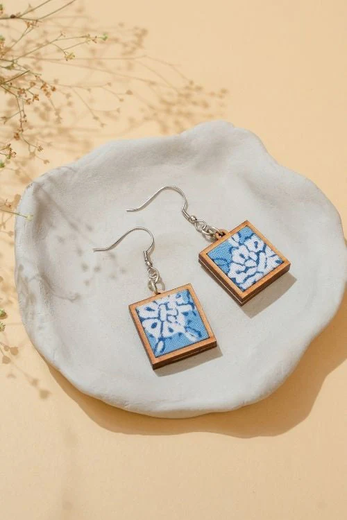 WHE Blue Repurposed Fabric And Wood Square Earrings - Image 8