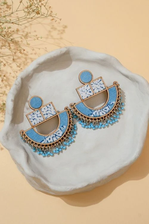 WHE Blue Repurposed Fabric And Wood Statement Earrings - Image 2
