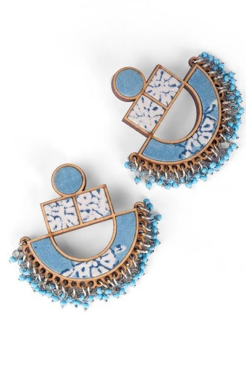 WHE Blue Repurposed Fabric And Wood Statement Earrings - Image 4