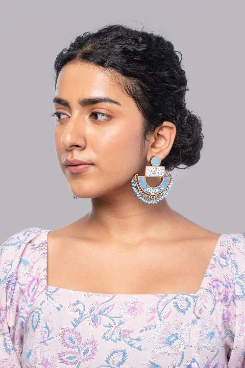 WHE Blue Repurposed Fabric And Wood Statement Earrings - Image 7