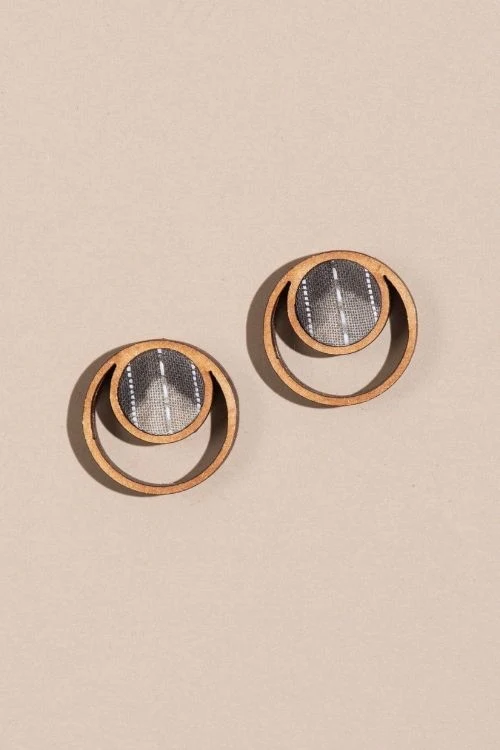 Whe Brown Fabric And Repurposed Wood Earrings