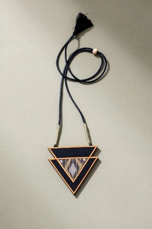 Whe Brown Upcycled Fabric And Repurposed Wood Triangular Necklace - Image 3