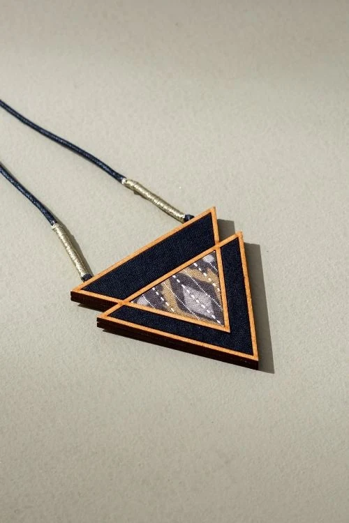 Whe Brown Upcycled Fabric And Repurposed Wood Triangular Necklace - Image 4