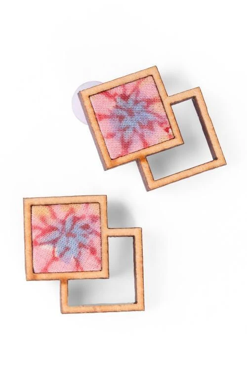 WHE Double Square Pink Repurposed Fabric And Wood Earrings - Image 10