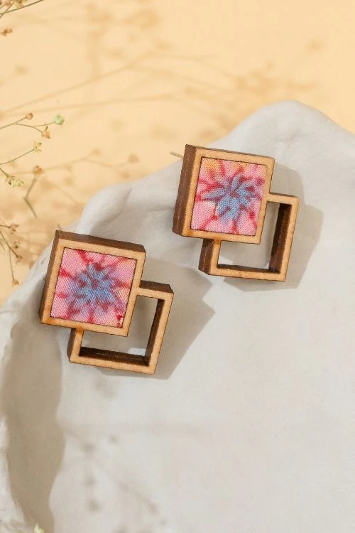 WHE Double Square Pink Repurposed Fabric And Wood Earrings - Image 2