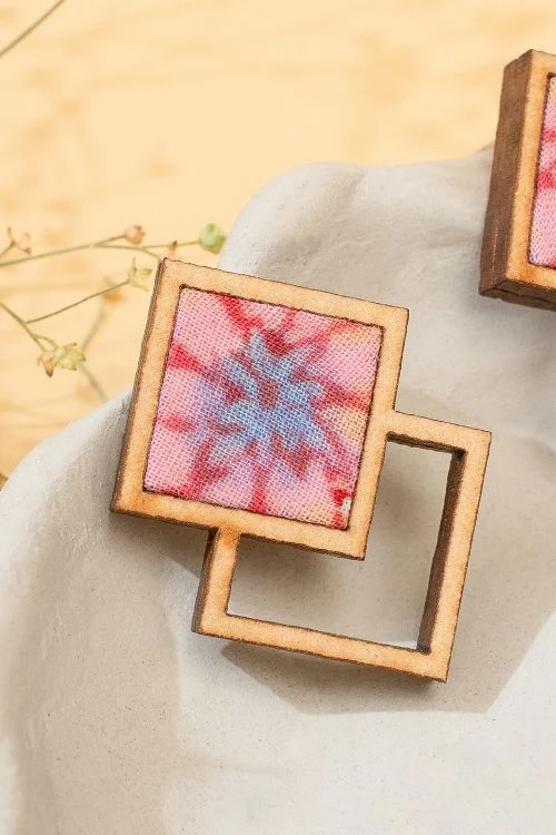 WHE Double Square Pink Repurposed Fabric And Wood Earrings - Image 4