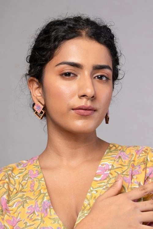 WHE Double Square Pink Repurposed Fabric And Wood Earrings - Image 6