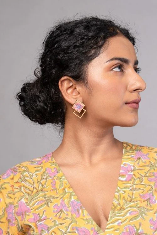 WHE Double Square Pink Repurposed Fabric And Wood Earrings - Image 8