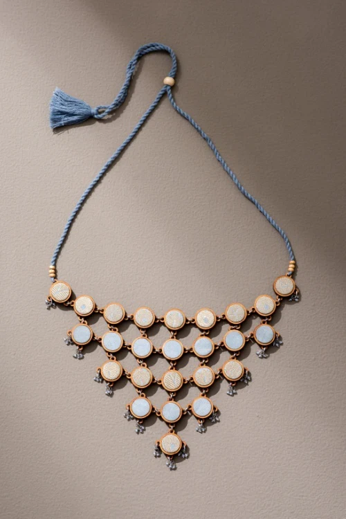 Whe Festive Grey, Gold And Silver Upcycled Fabric And Repurposed Wood Adjustable Statement Necklace - Image 7