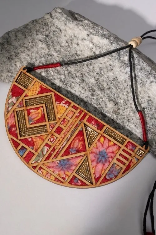 WHE Floral Half Moon Multicolor Repurposed Fabric And Wood Necklace - Image 2