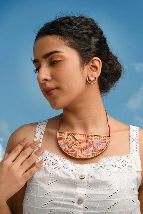 WHE Floral Half Moon Multicolor Repurposed Fabric And Wood Necklace - Image 3